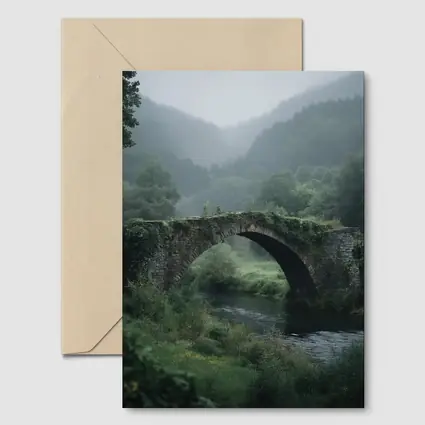 Ancient Stone Arch Bridge Misty Forest River