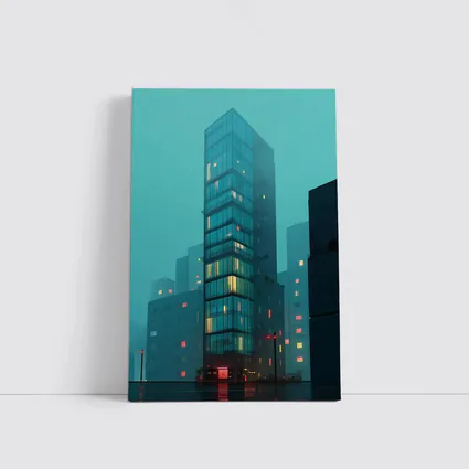 Foggy City Glass Tower Teal Night