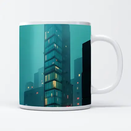 Foggy City Glass Tower Teal Night