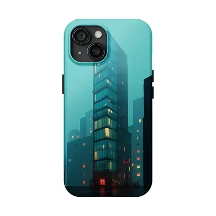 Foggy City Glass Tower Teal Night