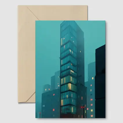 Foggy City Glass Tower Teal Night