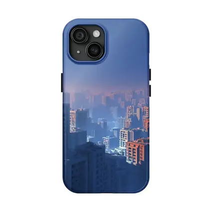 Foggy City Skyline Blue Dusk Aerial View