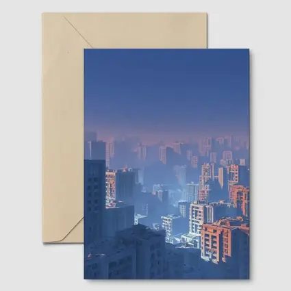 Foggy City Skyline Blue Dusk Aerial View