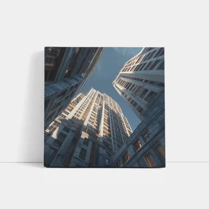 Looking Up Between Gray City Skyscrapers
