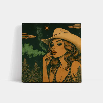 Cowgirl Smoking Cannabis UFO Night Sky