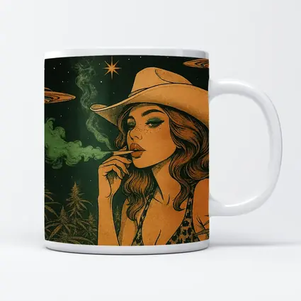 Cowgirl Smoking Cannabis UFO Night Sky