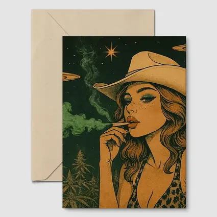Cowgirl Smoking Cannabis UFO Night Sky