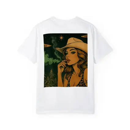 Cowgirl Smoking Cannabis UFO Night Sky