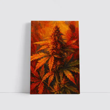 Cannabis Plant Oil Painting Fiery Background