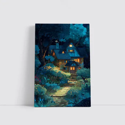 Cozy Cottage in Moonlit Forest Night