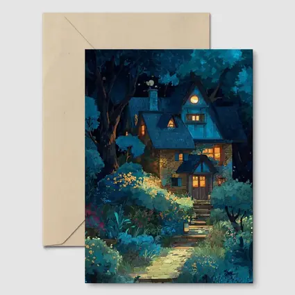 Cozy Cottage in Moonlit Forest Night