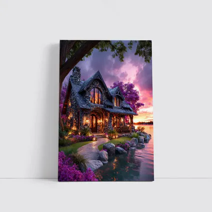 Stone Cottage by Lake at Purple Sunset