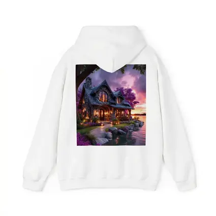 Stone Cottage by Lake at Purple Sunset