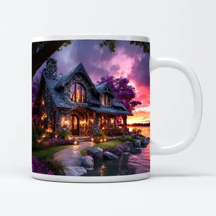 Stone Cottage by Lake at Purple Sunset