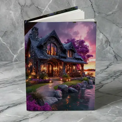 Stone Cottage by Lake at Purple Sunset