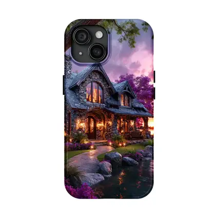 Stone Cottage by Lake at Purple Sunset