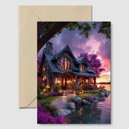 Stone Cottage by Lake at Purple Sunset
