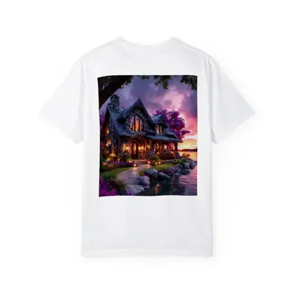 Stone Cottage by Lake at Purple Sunset