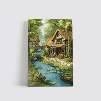 Cottagecore Thatched Cottage River Ducks Illustration