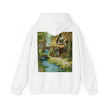 Cottagecore Thatched Cottage River Ducks Illustration