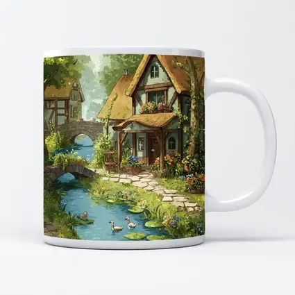 Cottagecore Thatched Cottage River Ducks Illustration