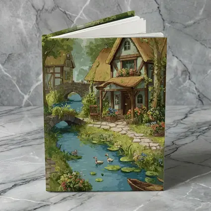 Cottagecore Thatched Cottage River Ducks Illustration