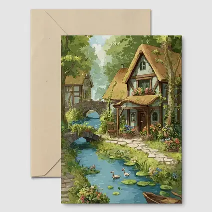 Cottagecore Thatched Cottage River Ducks Illustration