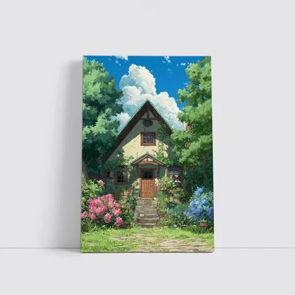 Anime Cottage House Surrounded by Lush Garden