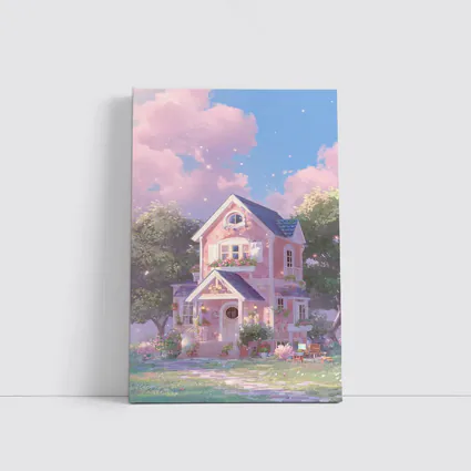 Pink Cottage House Dreamy Pastel Sky