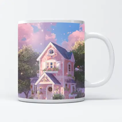 Pink Cottage House Dreamy Pastel Sky