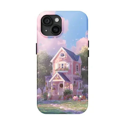 Pink Cottage House Dreamy Pastel Sky