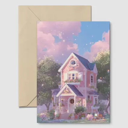 Pink Cottage House Dreamy Pastel Sky