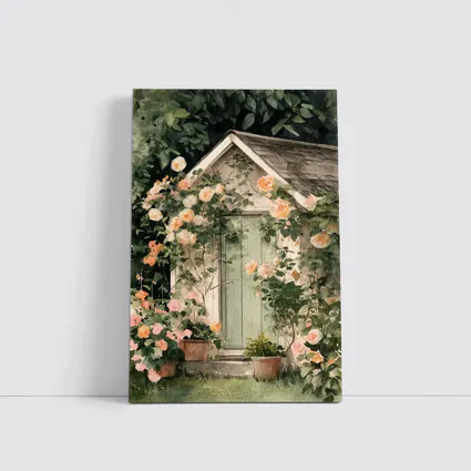 Watercolor Cottage Door Climbing Roses Garden