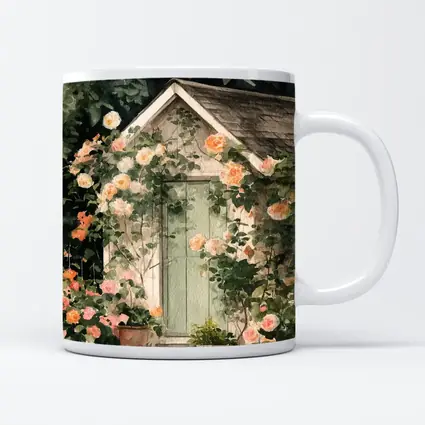 Watercolor Cottage Door Climbing Roses Garden