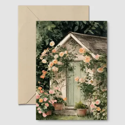 Watercolor Cottage Door Climbing Roses Garden
