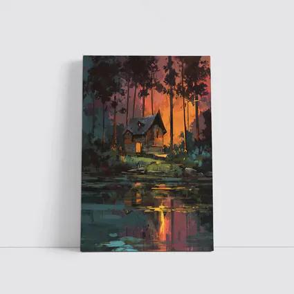 Forest Cabin By Lake At Sunset