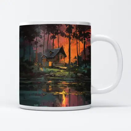 Forest Cabin By Lake At Sunset