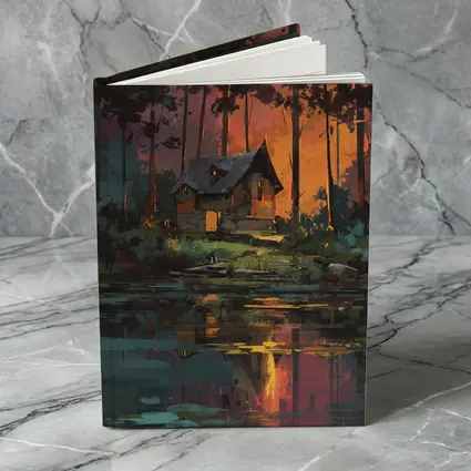Forest Cabin By Lake At Sunset