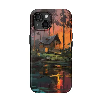 Forest Cabin By Lake At Sunset
