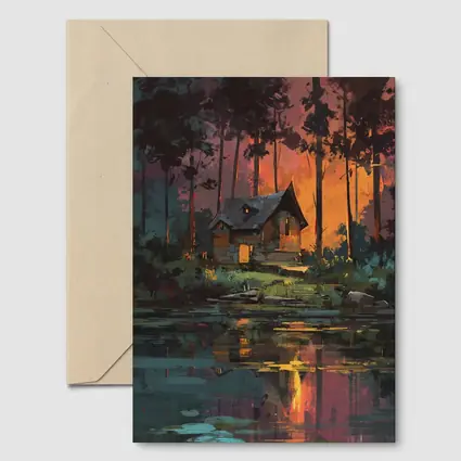 Forest Cabin By Lake At Sunset