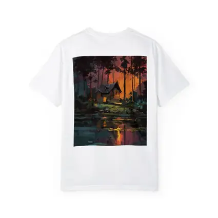 Forest Cabin By Lake At Sunset