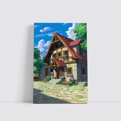 Anime Cottage Stone House Flowers Blue Sky