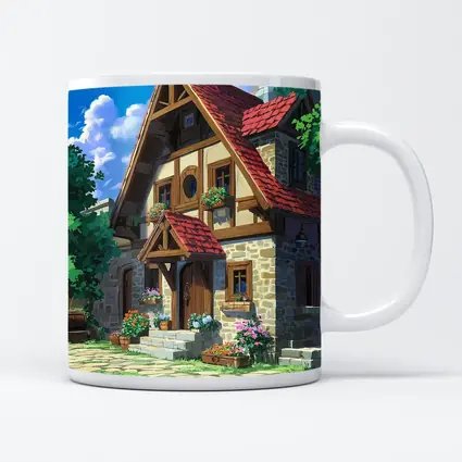 Anime Cottage Stone House Flowers Blue Sky