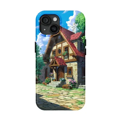Anime Cottage Stone House Flowers Blue Sky