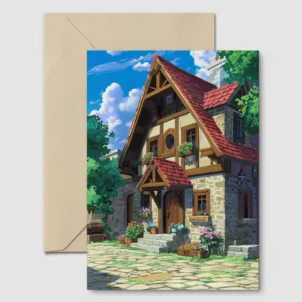 Anime Cottage Stone House Flowers Blue Sky