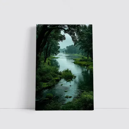 Misty River Through Lush Green Forest