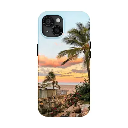 Tropical Beach Sunset Palm Trees Pink Sky