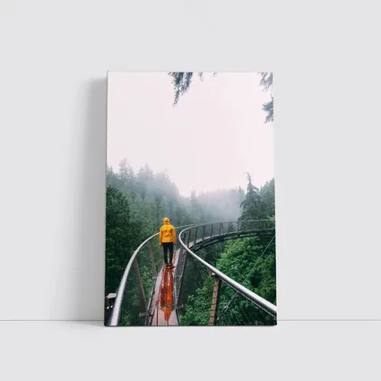 Yellow Jacket Hiker on Misty Forest Bridge