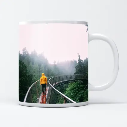 Yellow Jacket Hiker on Misty Forest Bridge
