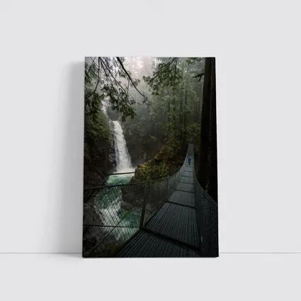 Suspension Bridge Waterfall Misty Forest Scene